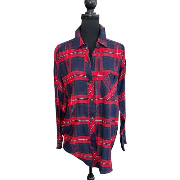 NWT Staccato Red Navy Plaid Boy Friend Long Shirt Top Button-Up Shirt M Academic - Picture 1 of 10